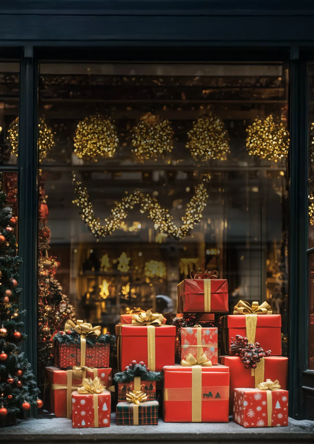 Vitrine de noël avec des cadeaux de noël rouges à l'intérieur et des lumières dorées